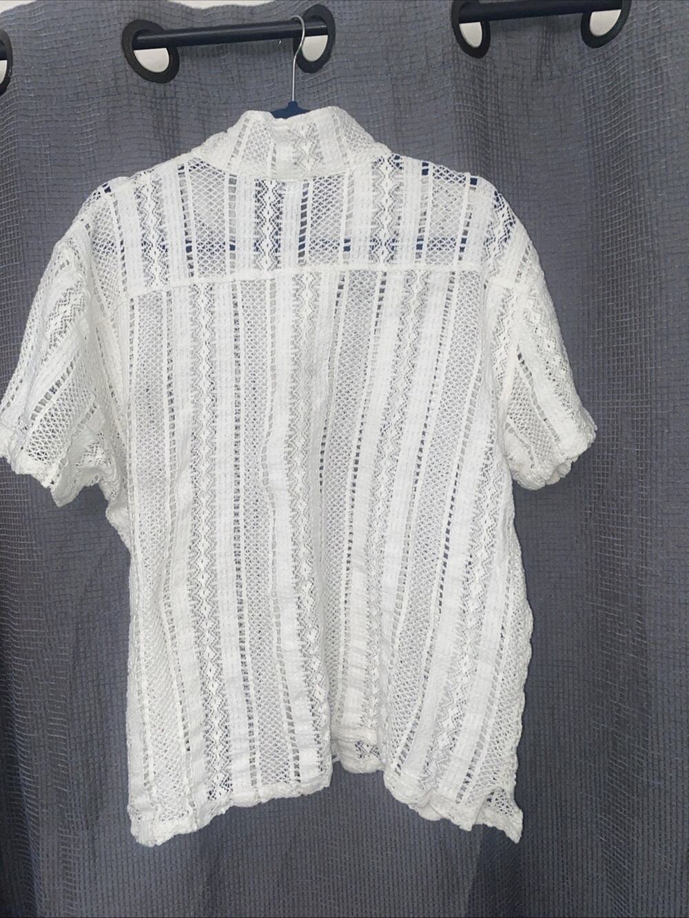 Forever 21 womens Short Sleeve Button Down Shirt White Knit Crochet Pointelle